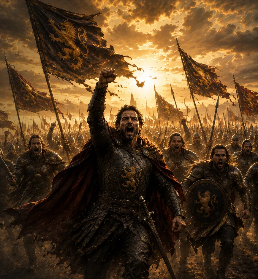 Concept art: a crowned king leading lion-bannered infantry at sunset.