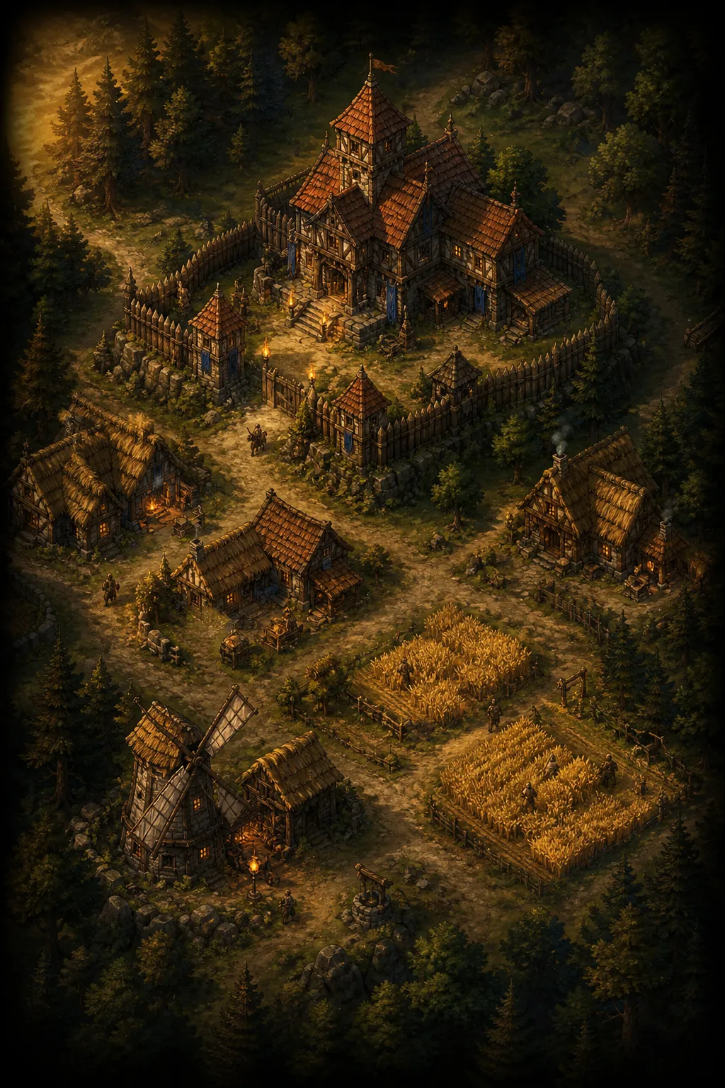 Concept art: an isometric medieval village with palisade, mill, and farms.