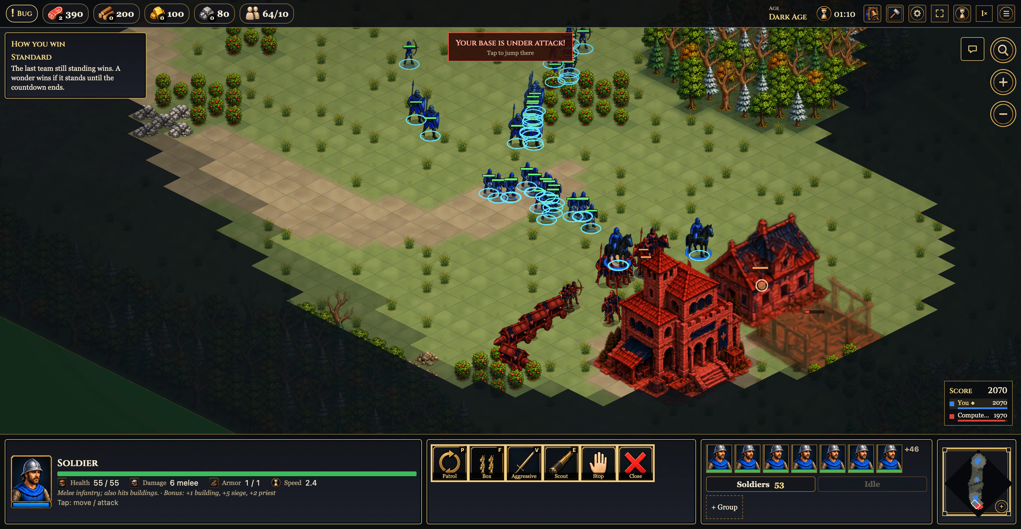 Morvek battle HUD: red and blue armies clashing at a keep, with a warning that the base is under attack.