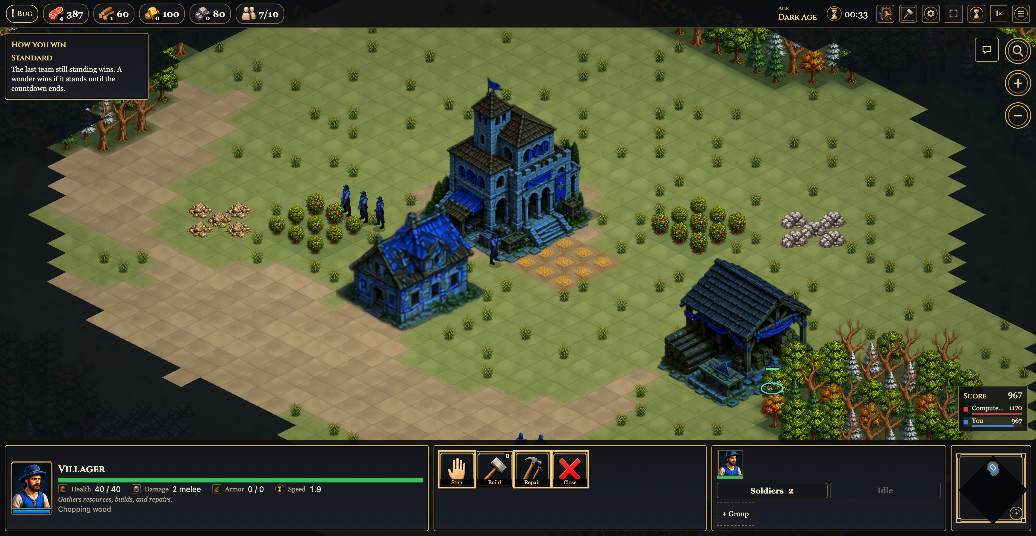 Morvek in-game: an early Dark Age village with a town center, mill, and a villager chopping wood.